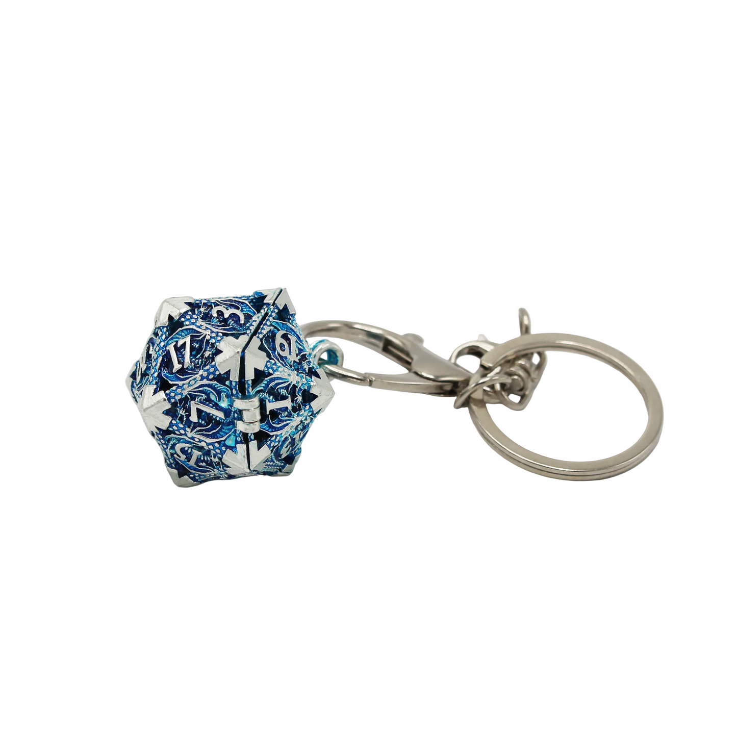 Metal Hollow D20 Keychain with Mini Metal Dice Set - Blue