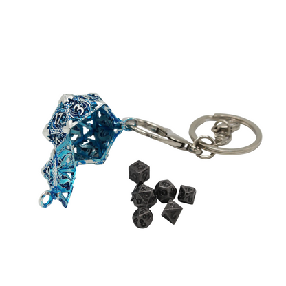 Metal Hollow D20 Keychain with Mini Metal Dice Set - Blue