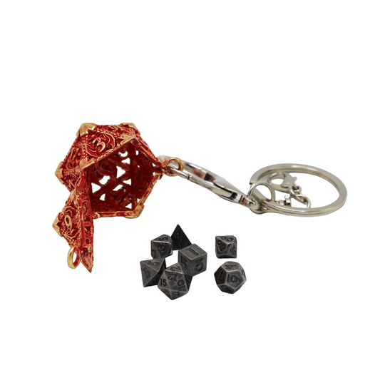 Metal Hollow D20 Keychain with Mini Metal Dice Set - Red