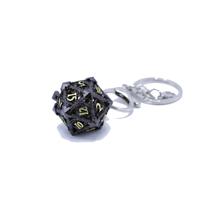 Metal Hollow D20 Keychain with Mini Metal Dice Set - Black