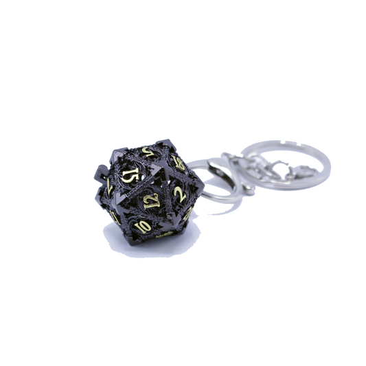 Metal Hollow D20 Keychain with Mini Metal Dice Set - Black