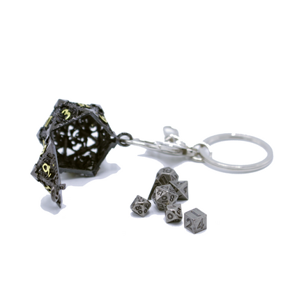 Metal Hollow D20 Keychain with Mini Metal Dice Set - Black