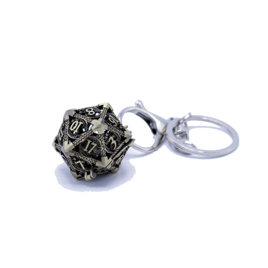 Metal Hollow D20 Keychain with Mini Metal Dice Set - Gold