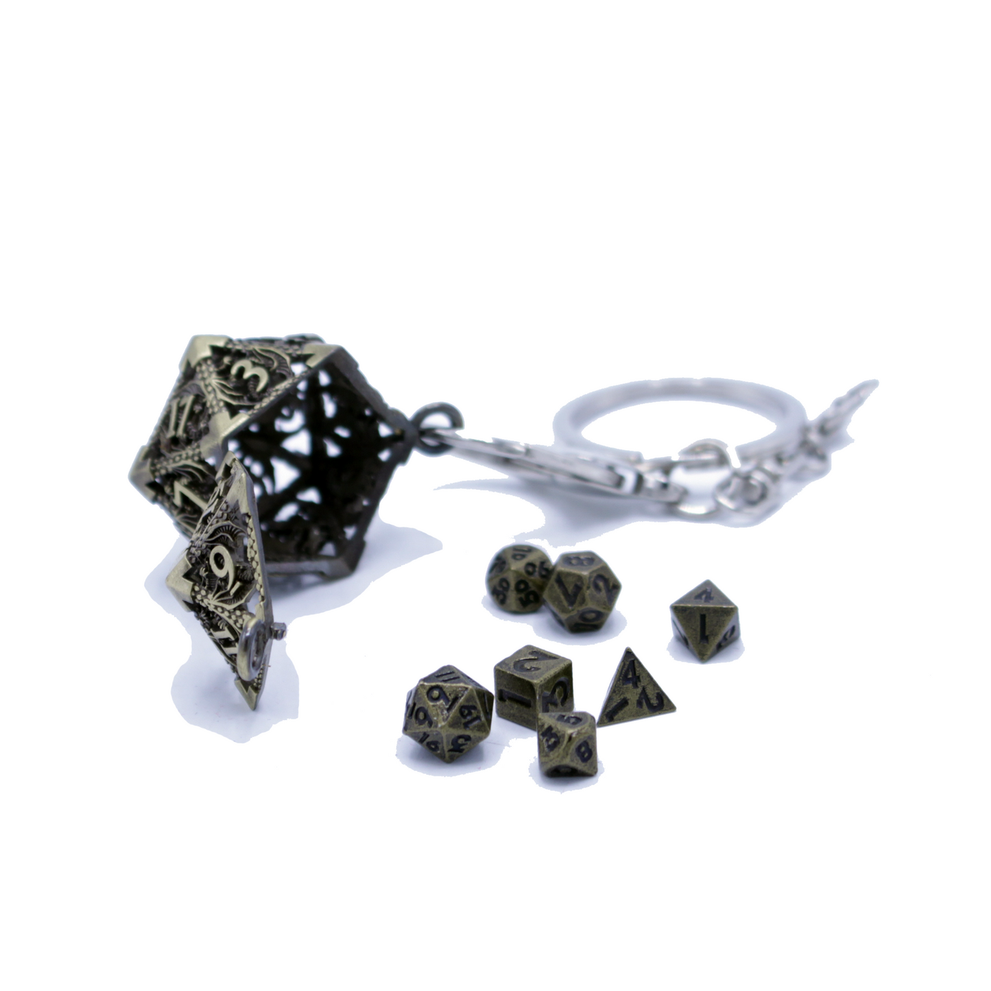 Metal Hollow D20 Keychain with Mini Metal Dice Set - Gold