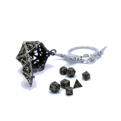 Metal Hollow D20 Keychain with Mini Metal Dice Set - Gold