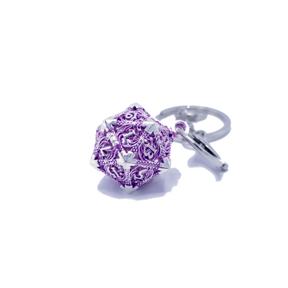 Metal Hollow D20 Keychain with Mini Metal Dice Set - Purple