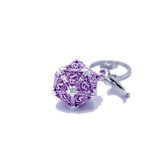 Metal Hollow D20 Keychain with Mini Metal Dice Set - Purple