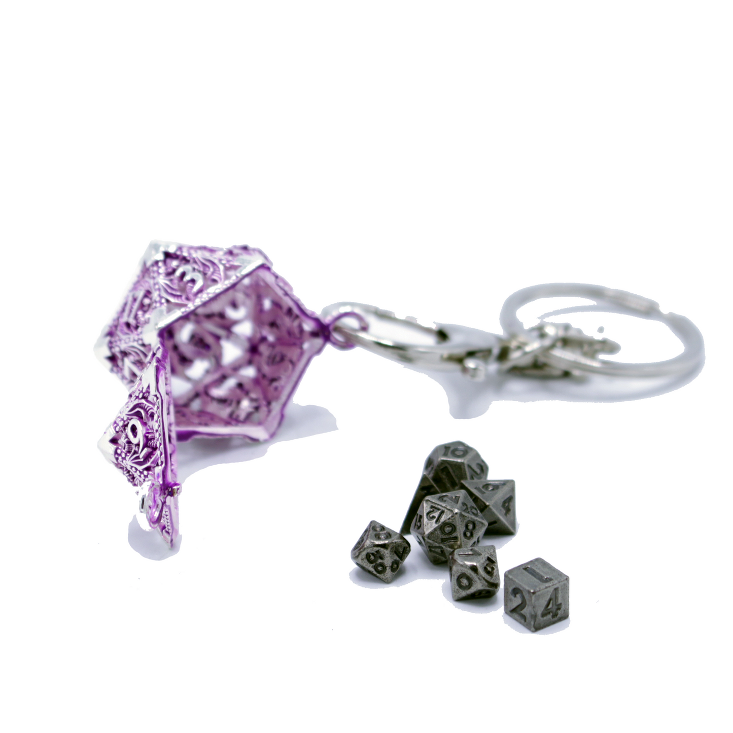 Metal Hollow D20 Keychain with Mini Metal Dice Set - Purple