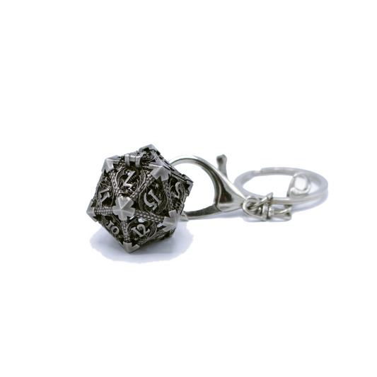 Metal Hollow D20 Keychain with Mini Metal Dice Set - Silver