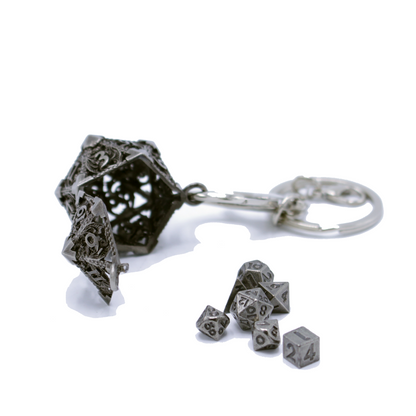 Metal Hollow D20 Keychain with Mini Metal Dice Set - Silver
