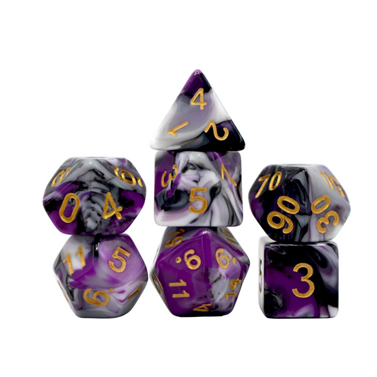 Multicolor Marble Dice - Purple, White, Black and Gold Dice Set
