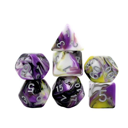 Multicolor Marble Dice - Purple, White, Black, Yellow and Silver Dice Set