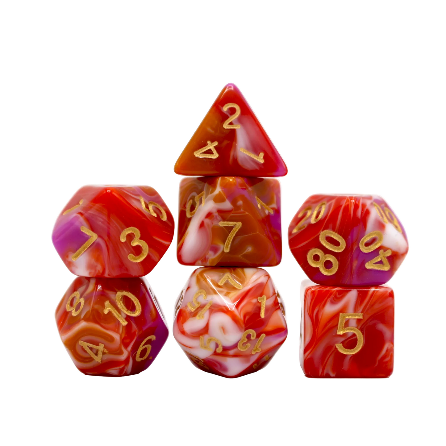 Multicolor Marble Dice - Red, Orange, White, Purple and Gold Dice Set